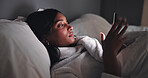 Streaming, night or woman in bed with phone, online reading or video browse on social media. Relax, ebook and girl in house with tech, entertainment subscription or digital app scroll in late evening
