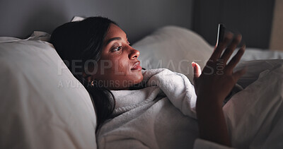 Buy stock photo Streaming, night or woman in bed with phone, online reading or video browse on social media. Relax, ebook and girl in house with tech, entertainment subscription or digital app scroll in late evening