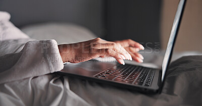 Buy stock photo Hands, woman and laptop in bed at night for research, editing story and article submission. Person, remote work and typing on pc for headline, breaking news coverage and publication deadline at house