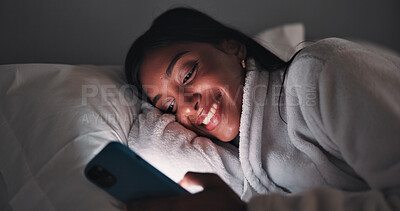 Buy stock photo Smile, night or woman in bed with phone, online reading or video browse on social media. Happy, dark and female person in house with tech, ebook subscription or digital app scroll in late evening.