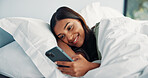 Relax, bed or happy woman scroll with phone for weekend morning, social media or search for online book. Browsing internet, blog post or person reading with mobile, streaming subscription or film app