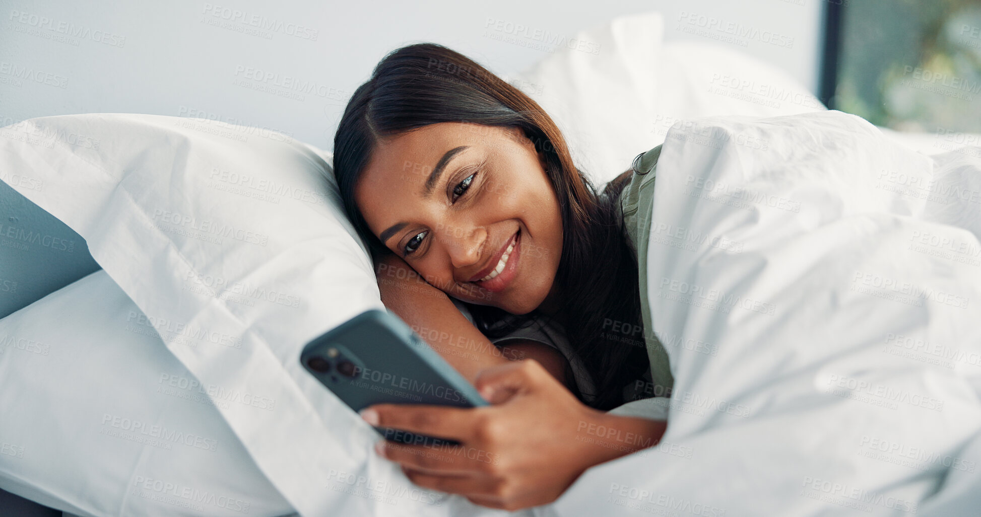 Buy stock photo Relax, bed or happy woman scroll with phone on weekend, social media or search for online book. Browsing internet, blog post or person reading with mobile, streaming subscription or film app in home
