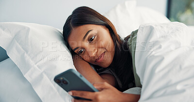 Buy stock photo Relax, bedroom or happy woman scroll with phone on weekend, social media or search for online book. Browsing internet, blog post or person reading with mobile, streaming movie or film app in home