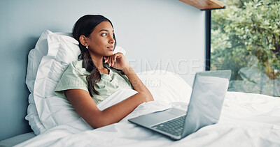 Buy stock photo Woman, thinking or remote work in bed with laptop for journalism, news report or story idea. Freelance writer, person or pajamas in home with computer for article reflection, insight or contemplation