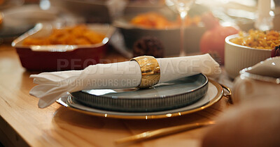 Buy stock photo Christmas, feast and napkin with place setting on dining room table for social gathering. Banquet, celebration event and ring on serviette in home for decoration, meal or party in holiday season