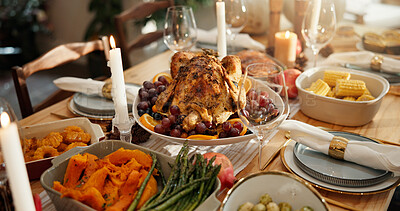Buy stock photo Table, setup and food for Christmas in home with roast turkey, health vegetables and celebration. Candles, feast and cuisine layout with wine glass, nutrition meal and lunch tradition for festive