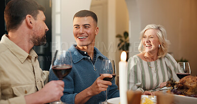 Buy stock photo Happy, family and thanksgiving dinner in home for holiday season, eating together and conversation. Festive feast, food and people with reunion party at dining table for tradition, bonding and event