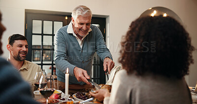 Buy stock photo Christmas, serving or people in home with meal, bonding together or buffet in festive celebration. Thanksgiving, host or family in house with wine, social gathering or connection at holiday table.