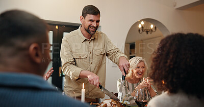 Buy stock photo Christmas, serving or people in house with smile, bonding together or roast in festive celebration. Party, happiness or hosting at home with food, social gathering or connection at holiday table.