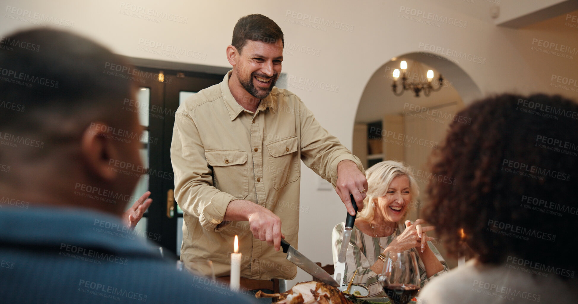 Buy stock photo Christmas, serving or people in house with smile, bonding together or roast in festive celebration. Party, happiness or hosting at home with food, social gathering or connection at holiday table.