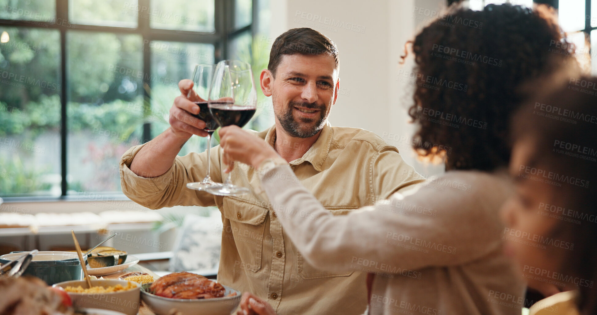 Buy stock photo Christmas, toast and parents with wine, home or happy with meal in dining room, love and celebration. Xmas, cheers and people with alcohol for December holiday, gathering and party for festive season