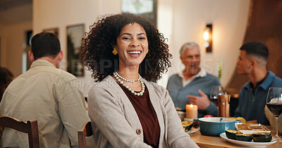 Buy stock photo Thanksgiving, portrait and smile with woman in dining room for holiday season, dinner or tradition. Festive feast, party or event with people eating in home for food, hosting and hospitality together