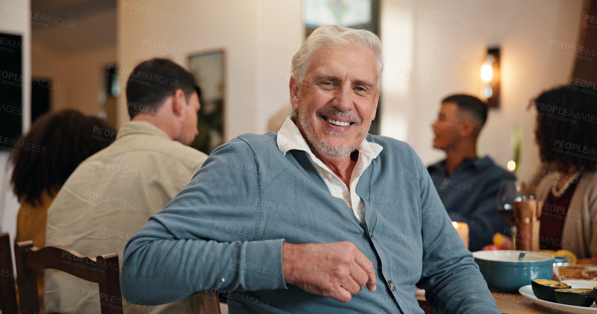 Buy stock photo Portrait, old man and smile with family in dining room for dinner, social gathering and thanksgiving. Happy, senior person and bonding for reunion, celebration and tradition of festive season in home