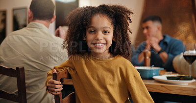 Buy stock photo Portrait, child and smile with family and boy in dining room for dinner, social gathering and thanksgiving. Happy, kid and bonding for reunion, celebration and holiday tradition for festive season at house