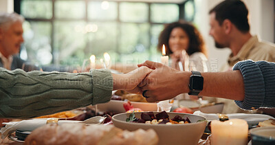 Buy stock photo Holding hands, family dinner or people praying at table, christian practice or blessing food for gratitude. Thanksgiving feast, religion or group together for meal, worship and praise god at reunion