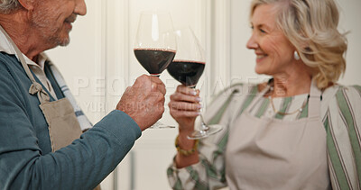 Buy stock photo Red wine, retirement and toast with old couple in home together for anniversary or celebration. Alcohol, cheers and drink with happy senior people in apartment for bonding, love or relationship