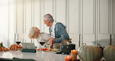 Buy stock photo Cooking, dance and old couple in kitchen for love, supper and online recipe for bonding in home. Wine, retirement and senior man and woman for meal prep, tablet and support for anniversary dinner
