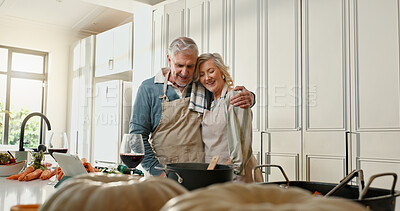 Buy stock photo Cooking, hug and senior couple in kitchen for lunch, online recipe and prepare food for bonding in home. Tablet, retirement and old man and woman for meal prep, love and healthy dinner with wine