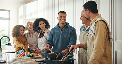 Buy stock photo Cooking, help and big family in kitchen for lunch, supper and prepare food for bonding in home. Culinary skills, social gathering and people for meal prep, cutting vegetables and thanksgiving dinner