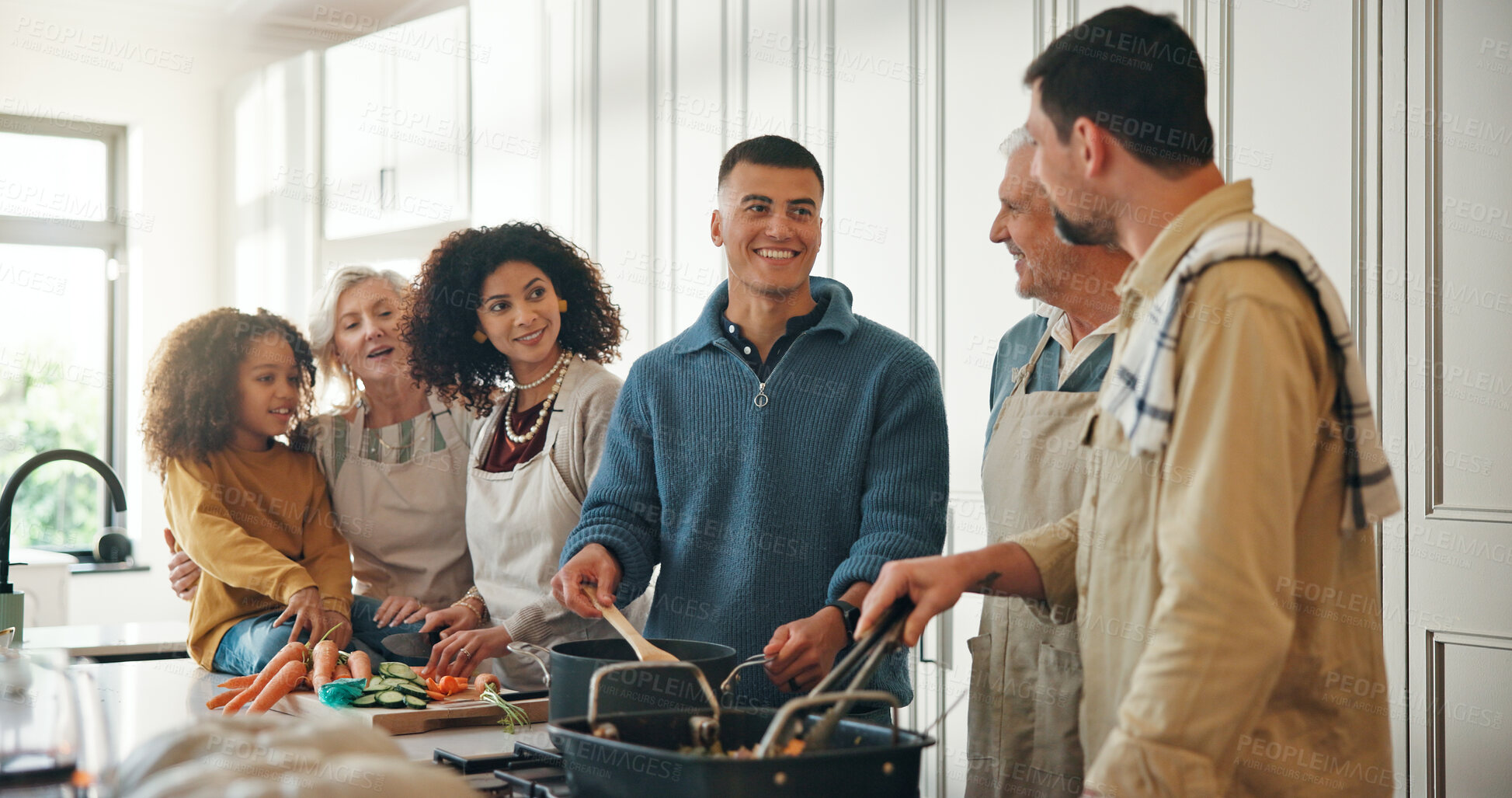 Buy stock photo Cooking, help and big family in kitchen for lunch, supper and prepare food for bonding in home. Culinary skills, social gathering and people for meal prep, cutting vegetables and thanksgiving dinner