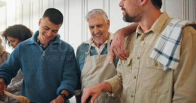 Buy stock photo Grandfather, family or cooking in kitchen with smile, traditional recipe and thanksgiving dinner. Happy, old man and people talk in home with support for holiday meal prep, food and bonding together.