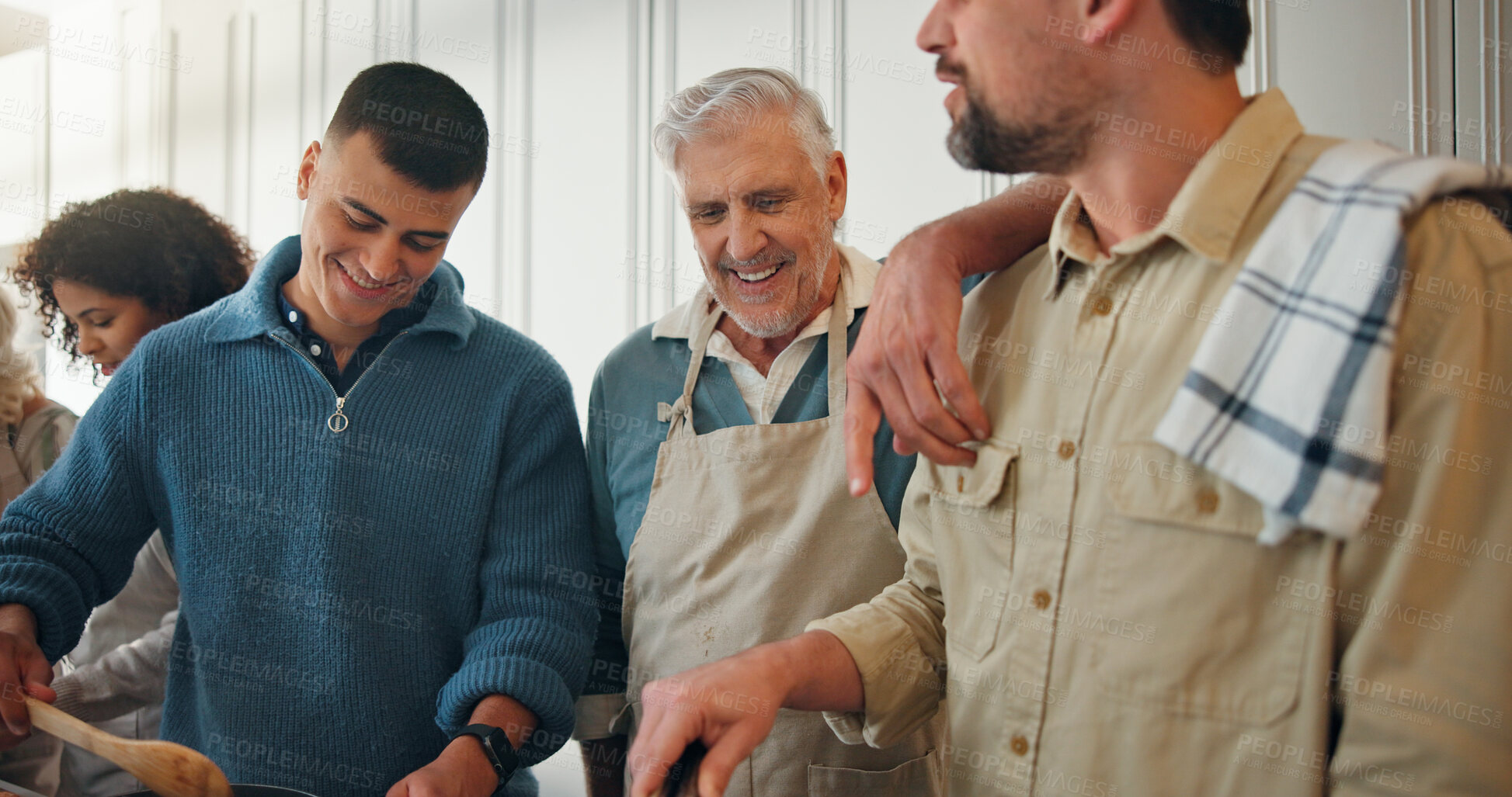 Buy stock photo Grandfather, family or cooking in kitchen with smile, traditional recipe and thanksgiving dinner. Happy, old man and people talk in home with support for holiday meal prep, food and bonding together.