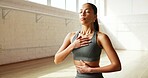 Breathing, yoga and woman in studio with mindfulness, relax or zen for self care on health retreat. Wellness, gratitude and female person with meditation exercise for calm, balance or healing.