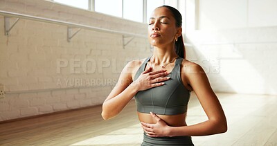 Buy stock photo Breathing, yoga and woman in studio with mindfulness, relax or zen for self care on health retreat. Wellness, gratitude and female person with meditation exercise for calm, balance or healing.