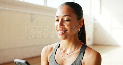 Buy stock photo Smile, woman and pilates with phone in class for communication, social media and fitness app. Happy, female person and mobile for workout video, training progress and exercise schedule in studio