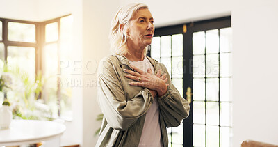 Buy stock photo Woman, hands on chest in home with breathwork for meditation, spiritual healing or wellness. Zen, mature person or breathe in house with mindfulness for inner peace, holistic health or stress relief.
