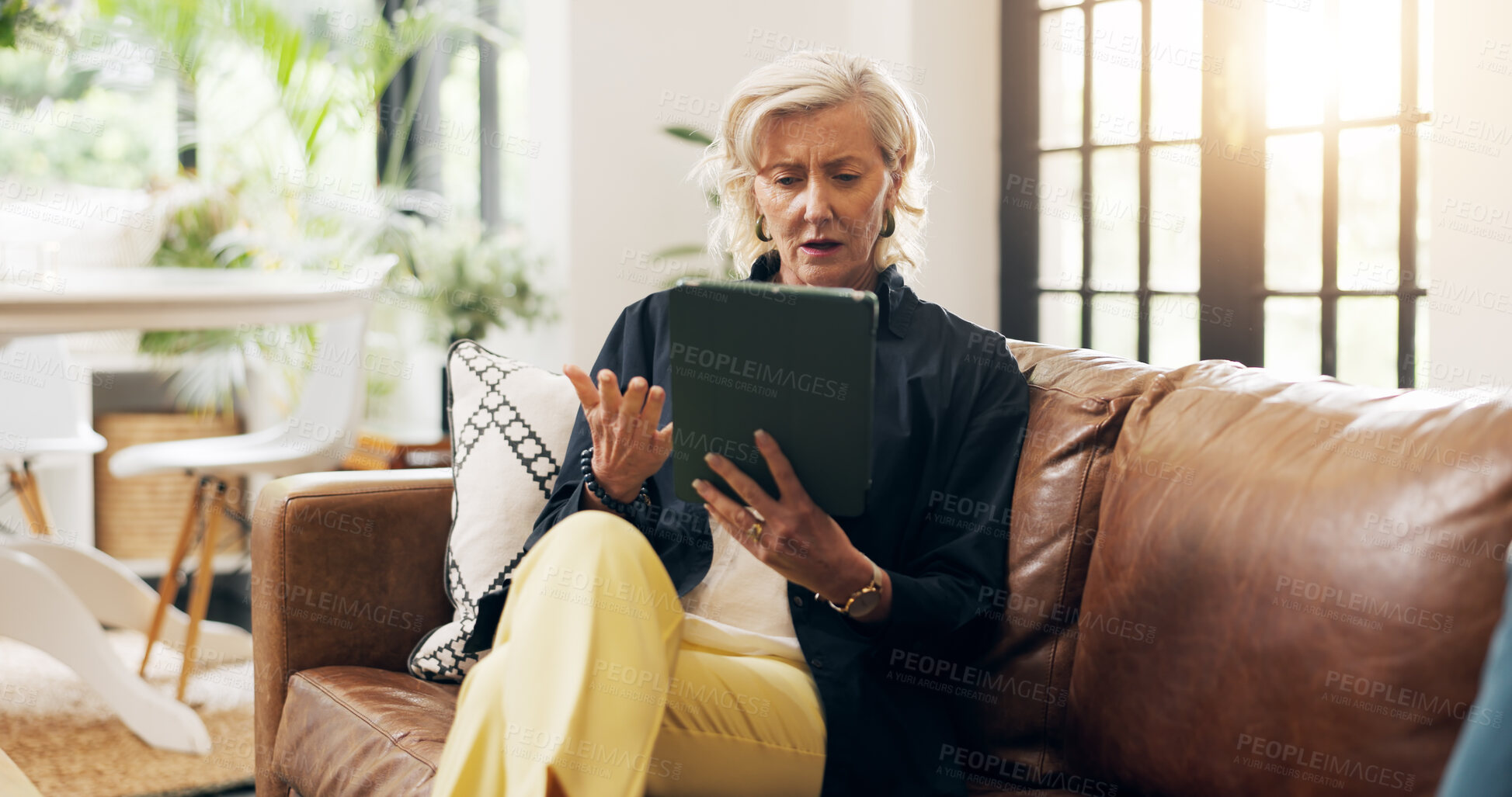 Buy stock photo Stress, remote work and woman with tablet at house for proofreading, draft mistake and grammar error. Confused, mature person and digital for negative feedback, article rejection and wrong headline