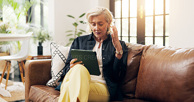 Buy stock photo Tablet, home and senior woman with error, online problem or confused in living room. Technology, elderly person and glitch on sofa, network loss or connection fail with internet issue in retirement