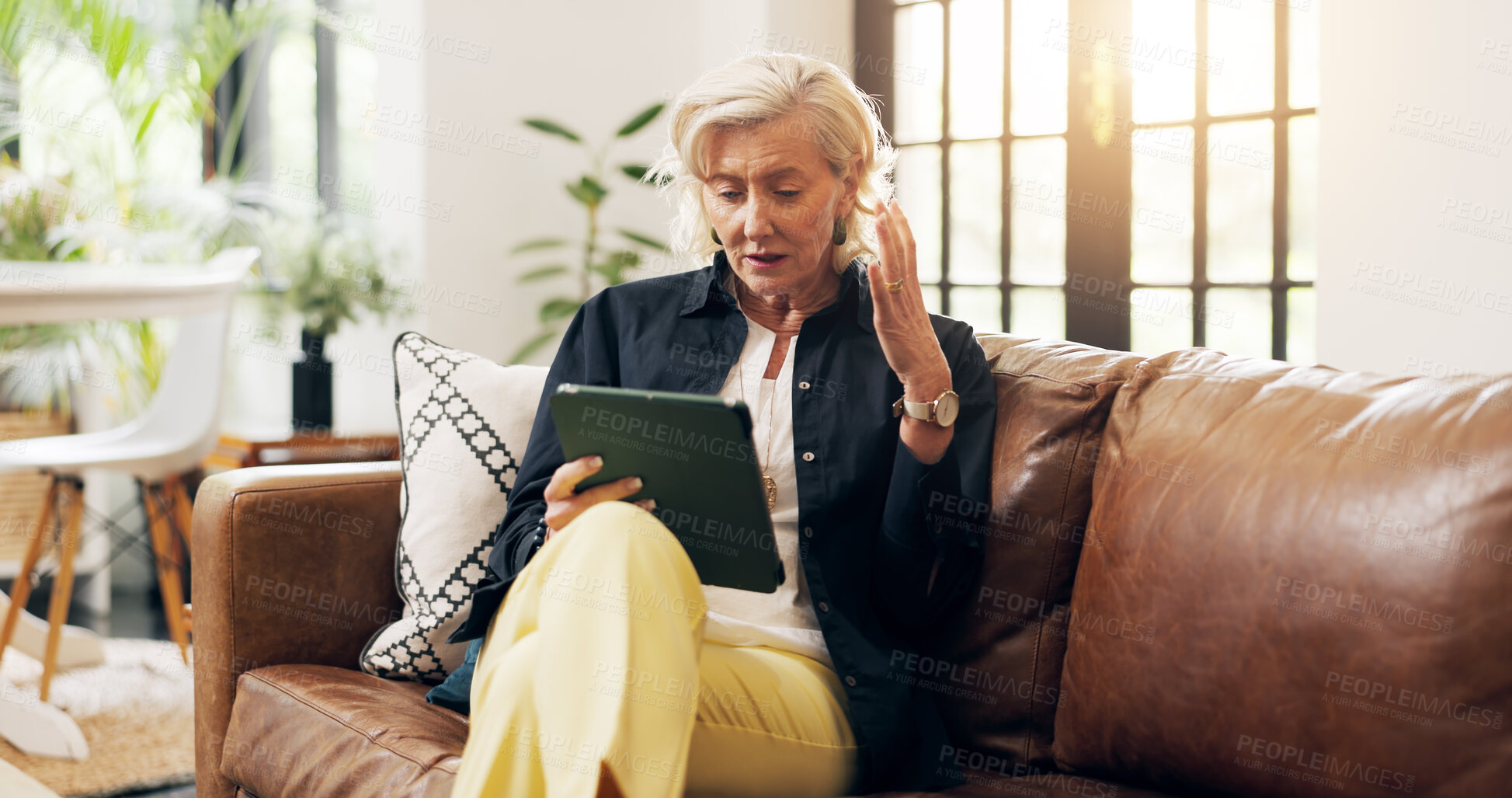 Buy stock photo Tablet, home and senior woman with error, online problem or confused in living room. Technology, elderly person and glitch on sofa, network loss or connection fail with internet issue in retirement