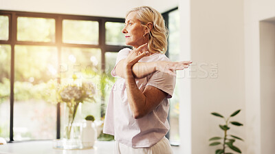 Buy stock photo Senior woman, exercise and stretching arms in home with warm up, flexibility and routine in morning. Elderly person, fitness and ready with muscle development, start or flare in retirement at house