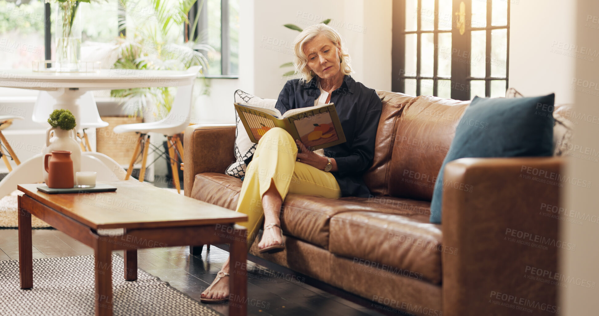 Buy stock photo Senior woman, reading book and relax on couch with information for diet, wellness and nutrition. Person, literature and research for healthy food, benefits and flare for health in retirement at home