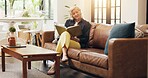 Senior woman, reading book and smile on couch with information for diet, wellness and nutrition. Person, literature and research for healthy food, benefits and flare on couch in retirement at home