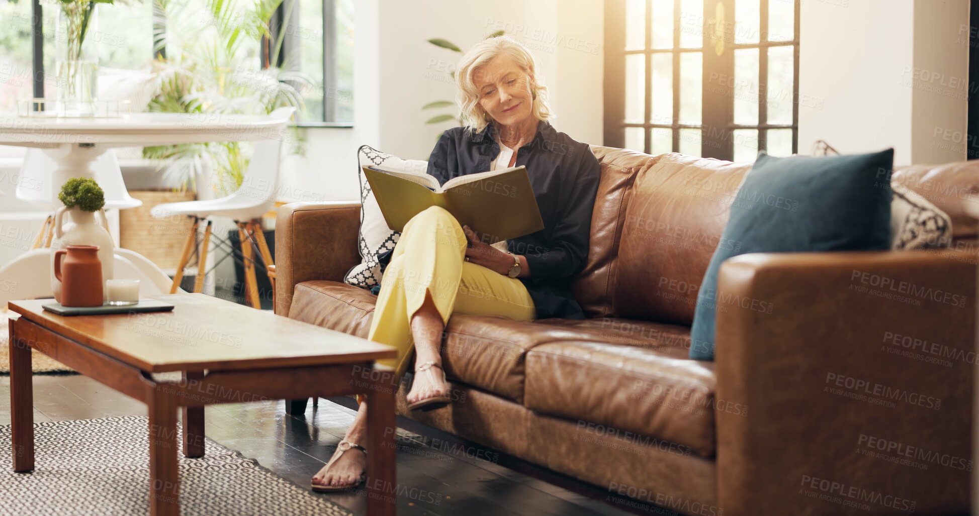 Buy stock photo Senior woman, reading book and smile on couch with information for diet, wellness and nutrition. Person, literature and research for healthy food, benefits and hobby on sofa in retirement at home