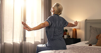 Buy stock photo Back, stretching and woman in bedroom, wake up and wellness with lens flare, routine and calm. Home, pensioner and mature person on bed, circulation and start day with peace, morning or muscle relief