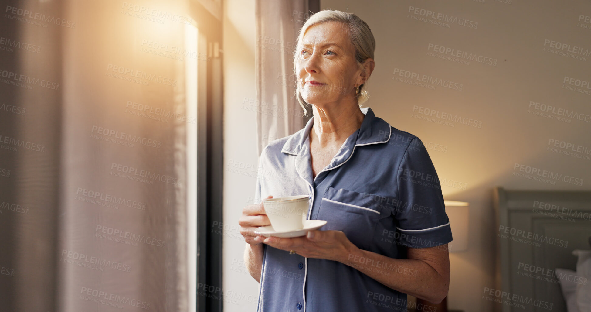 Buy stock photo Thinking, senior woman or coffee cup by window, morning reflection or watch sunrise from bedroom. Happy memory, peace or elderly person relax in home with hot tea, flare and nostalgia on calm weekend