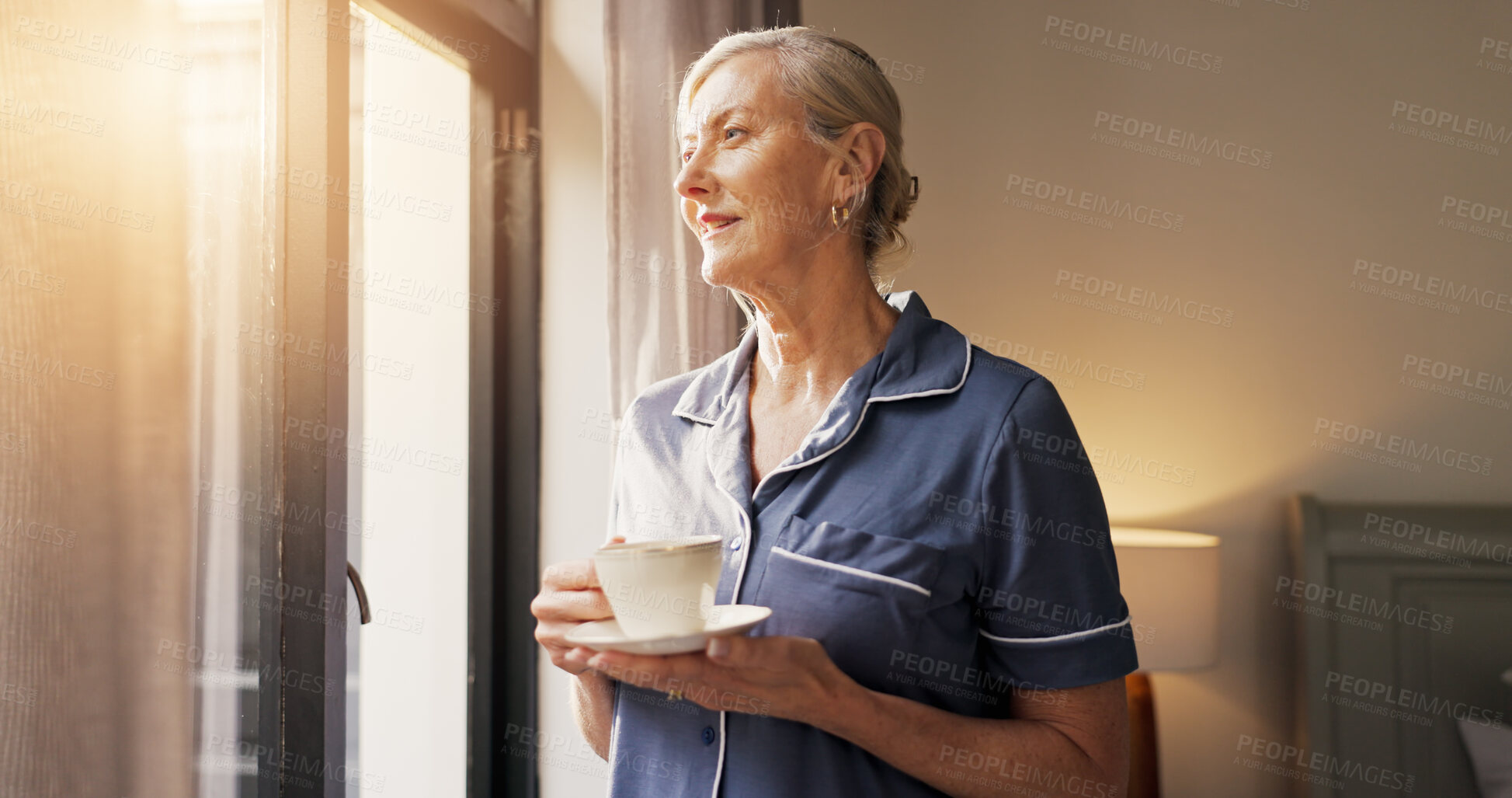 Buy stock photo Thinking, senior woman or tea cup by window, morning reflection or watch sunrise from bedroom. Happy memory, peace or elderly person relax in home with hot coffee, flare and nostalgia on calm weekend