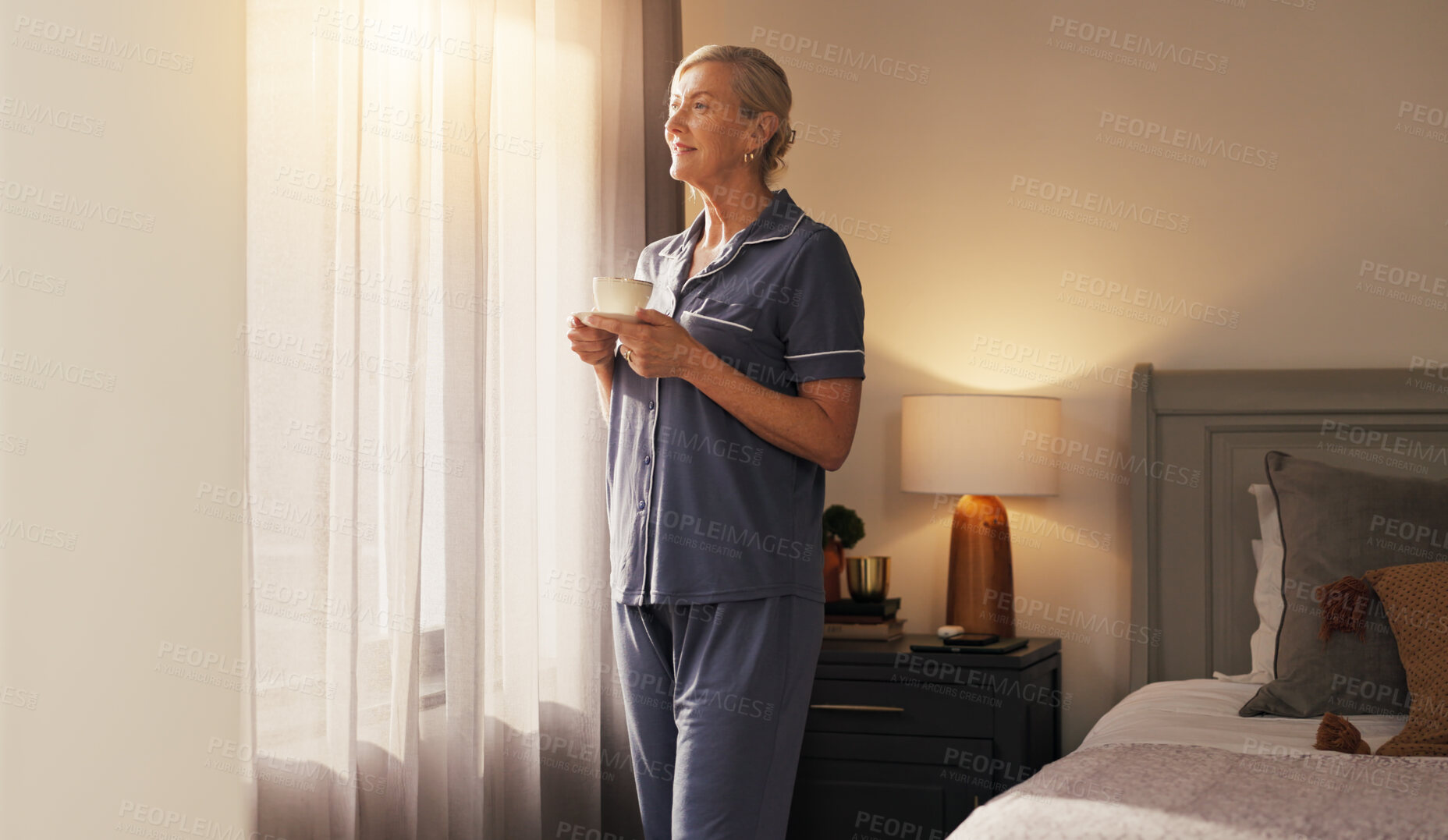 Buy stock photo Thinking, senior woman or coffee cup by window, morning reflection or remember from bedroom. Happy memory, retirement peace or person relax in home with tea, perspective and nostalgia on calm weekend
