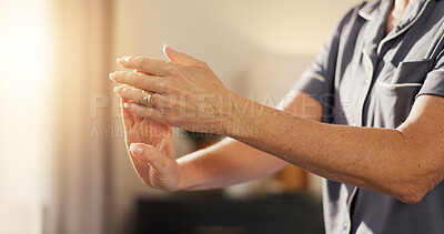 Buy stock photo Stretching, hands and person with wrist pain in home, carpal tunnel or injury relief with discomfort. Arthritis, fingers and woman with health risk, inflammation and osteoporosis with fibromyalgia