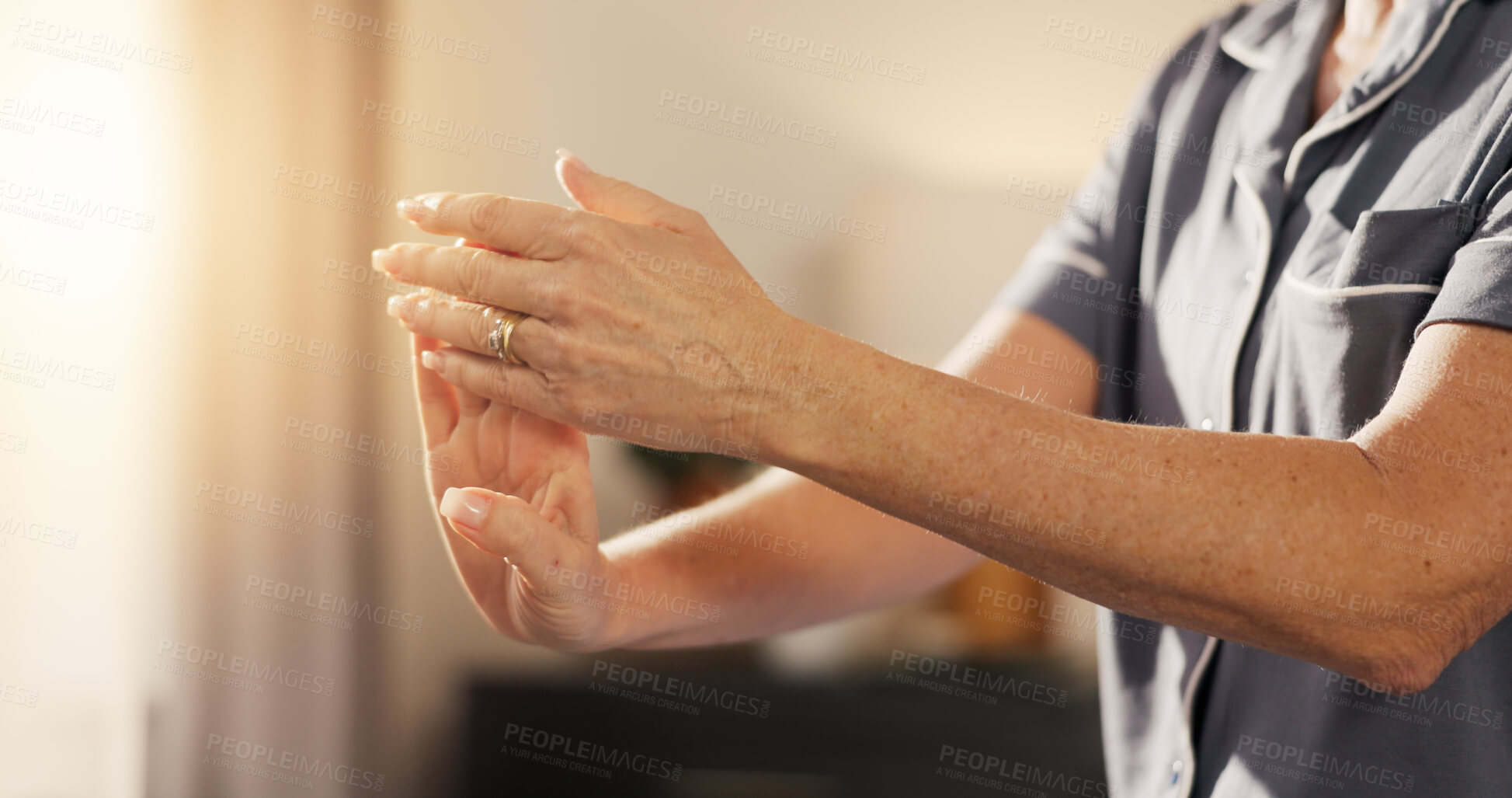 Buy stock photo Stretching, hands and person with wrist pain in home, carpal tunnel or injury relief with discomfort. Arthritis, fingers and woman with health risk, inflammation and osteoporosis with fibromyalgia