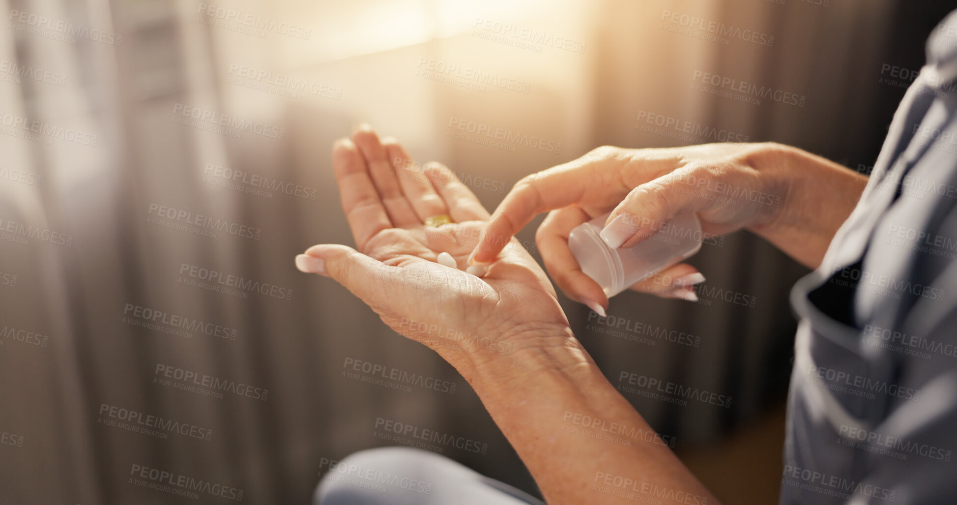 Buy stock photo Sick, mature woman or hands with pills for treatment, virus or insomnia in home. Healthcare, flu medicine or person in bedroom for sleep with illness, infection or cold prescription for recovery