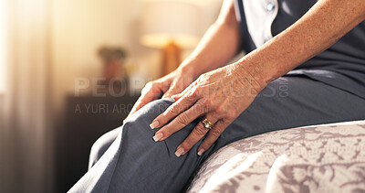 Buy stock photo Hands, knee pain and old woman in bedroom, wake up and inflammation with joint injury. Closeup, osteoporosis and mature person with muscle tension, house or body care with arthritis or fibromyalgia