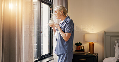 Buy stock photo Morning, old woman and coffee aroma at window to start day, nostalgic smell and inspiration. Retirement, senior person or hot beverage in home bedroom for wake up, warm scent or reflection on weekend