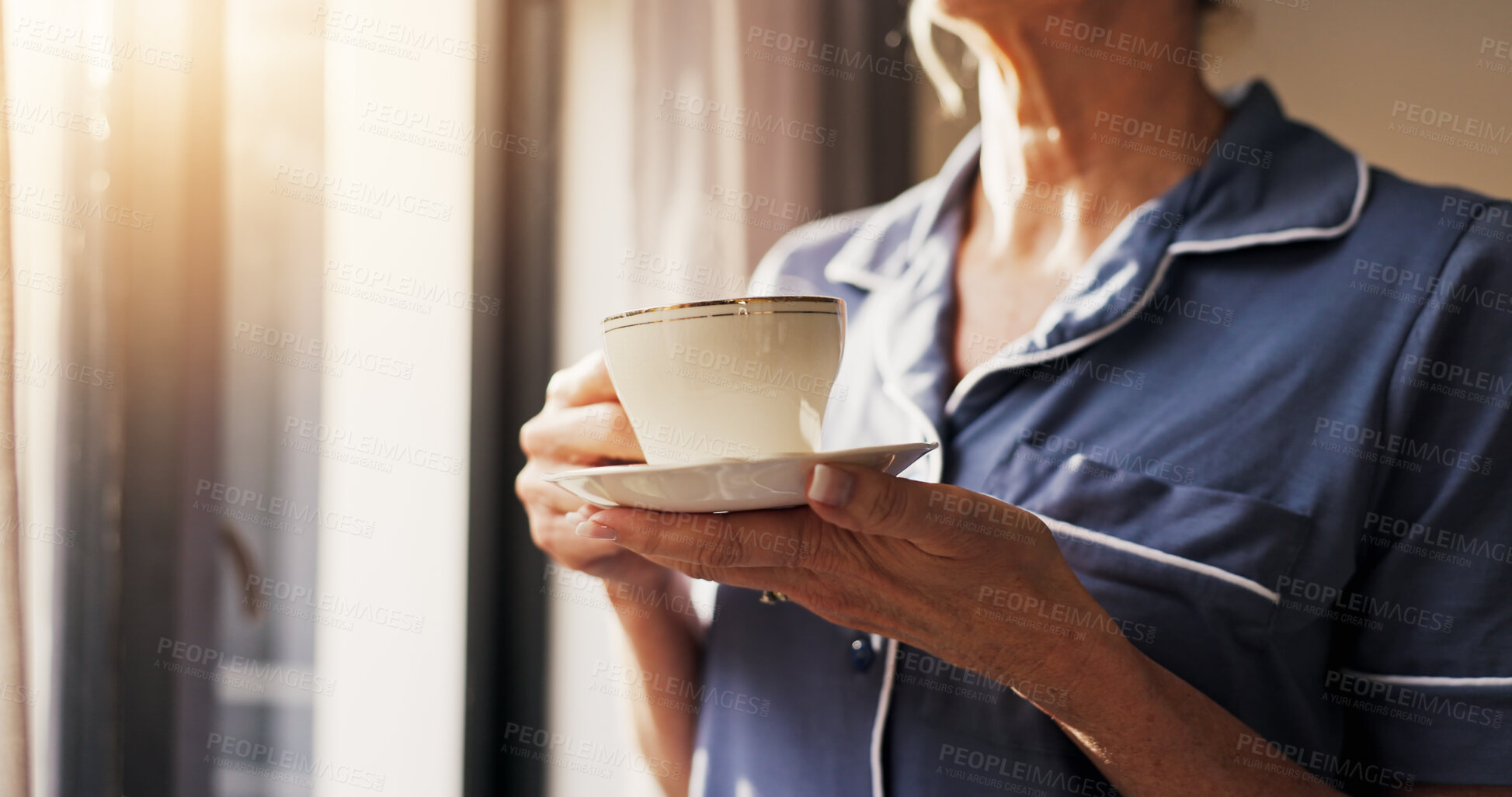 Buy stock photo Woman, hands and coffee by window with pajamas for morning reflection, idea and plan for vacation. Thinking, female person and hot beverage in hotel for holiday inspiration, insight or contemplation.