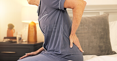 Buy stock photo Home, back pain and old woman in bedroom, wake up and osteoporosis with joint injury. Closeup, pensioner and mature person with muscle tension, massage and body care with arthritis or fibromyalgia