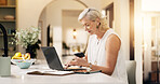 Home, credit card and senior woman with laptop, ecommerce and online shopping with email. Investment, pensioner and old person with computer, buying and payment with transactions, banking and fintech