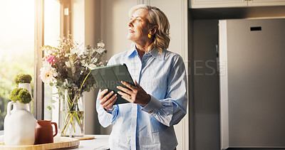 Buy stock photo Home, thinking and old woman with tablet, window and connection with social media. Lens flare, pensioner or mature person with tech, internet or daydreaming with contemplation, ideas or communication
